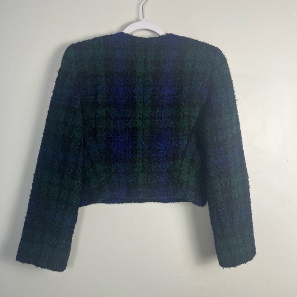 Vintage Linda Allard Ellen Tracy 90s Blue and Green Plaid Cropped Wool Blazer 8 - Picture 2 of 4